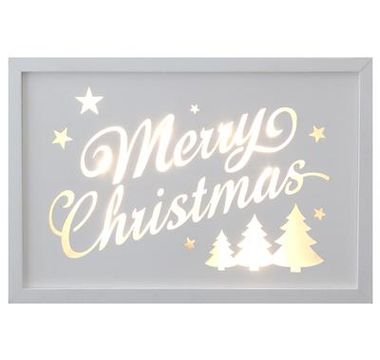 D&eacute;cor Lites Wooden LED Box White Merry Christmas Trees 20cm x 30cm x 3cm, 2 x AA Battery - L.E.D Lights